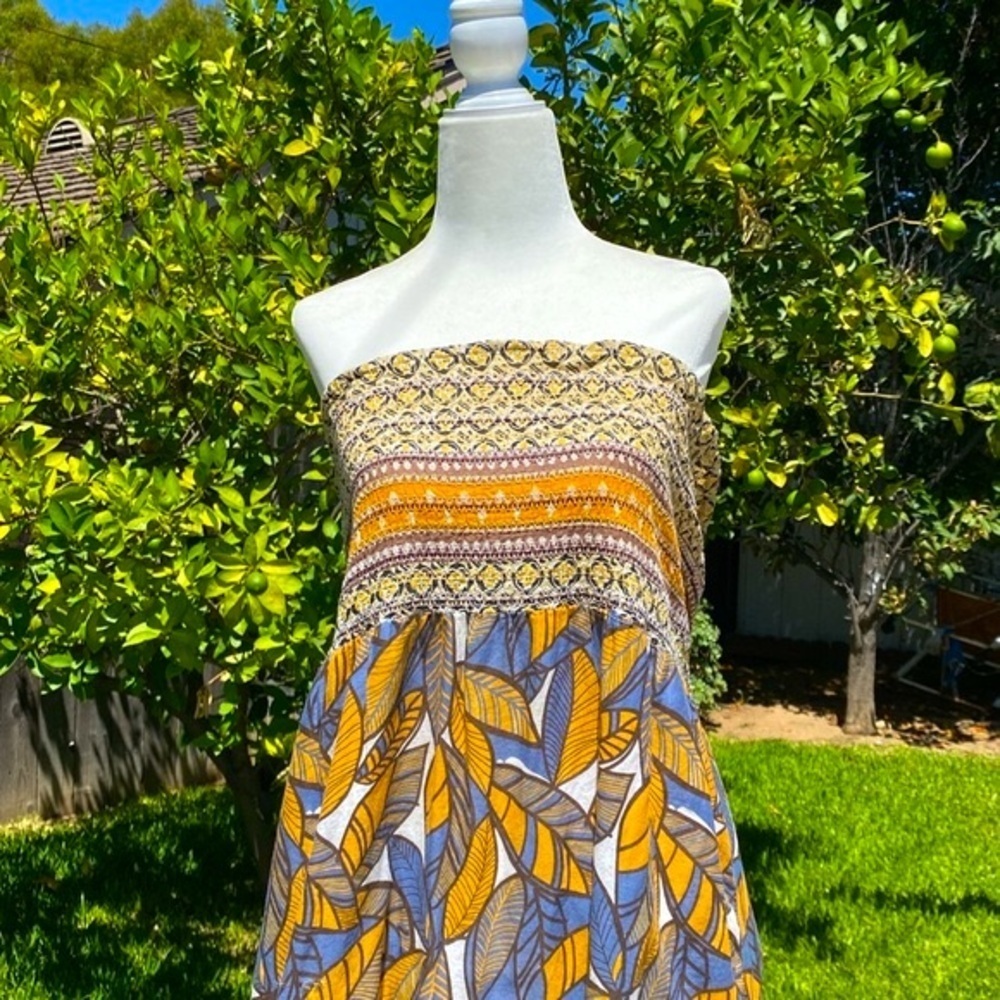 TWENTY ONE STRAPLESS BANDEAU TUBE TOP MAZI DRESS YELLO GOLD FLORAL Sz L GUC